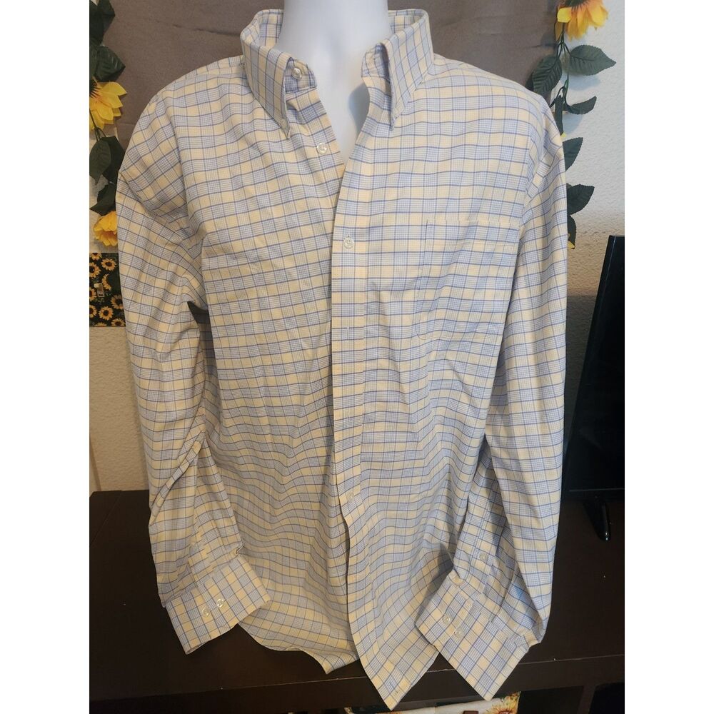 Lands’ End Mens Shirt Yellow Blue Plaid Check No Iron Button Down XXL 18-18.5